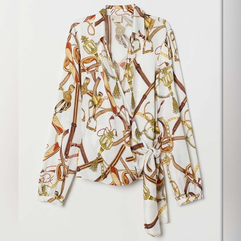 H&M Western Wrapover Blouse W/TIE Western Print Neutral colours Flowy fabric sz2